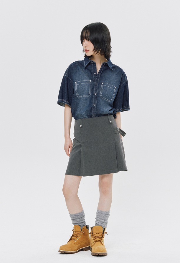 【ROMANTIC CROWN】 WASHED DENIM HALF SHIRT 【ROMANTIC CROWN】 WASHED DENIM HALF SHIRT