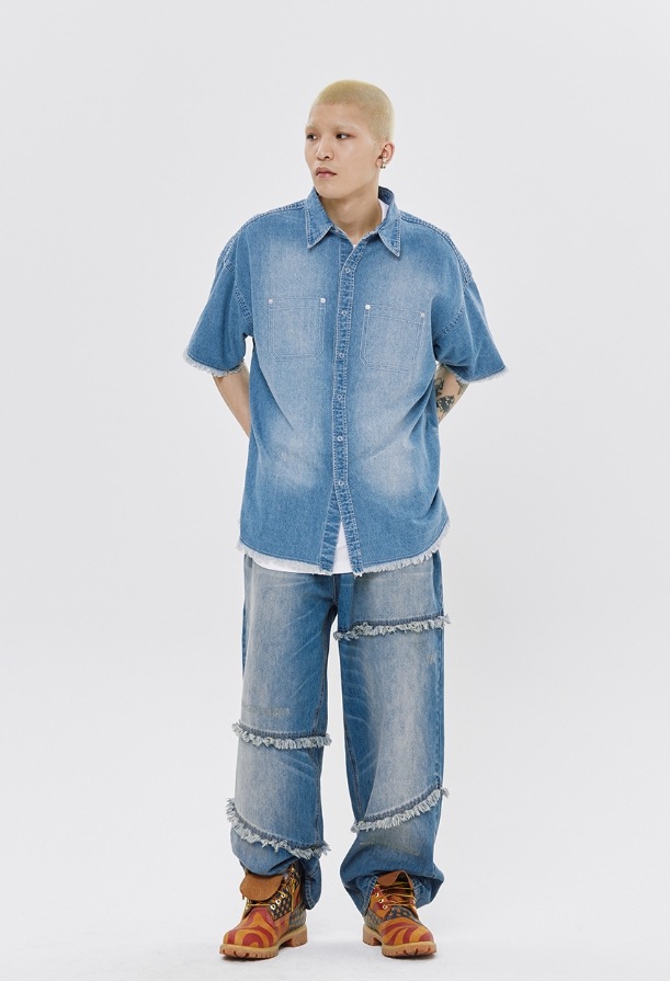 【ROMANTIC CROWN】 WASHED DENIM HALF SHIRT 【ROMANTIC CROWN】 WASHED DENIM HALF SHIRT