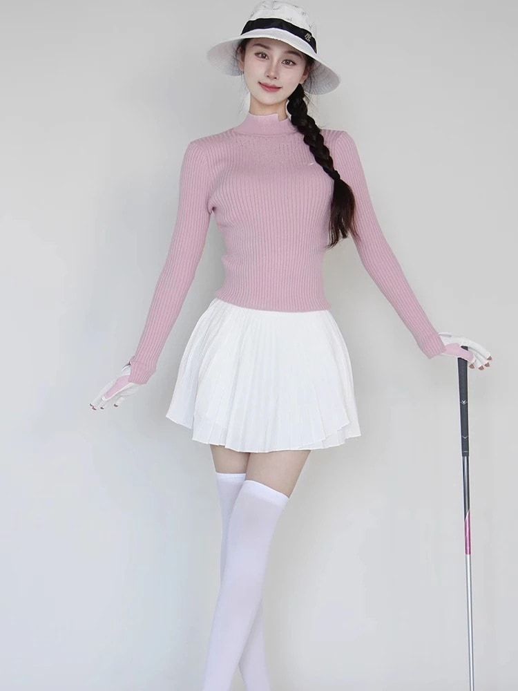 ゴルフウェア 秋冬 レディース スポーツウェア トップス ニット長袖 Tシャツ スカート ミニスカート プリーツスカ 上下セット ピンク 白 女性 テニスウェア 通気性 韓国風 おしゃれ3200002