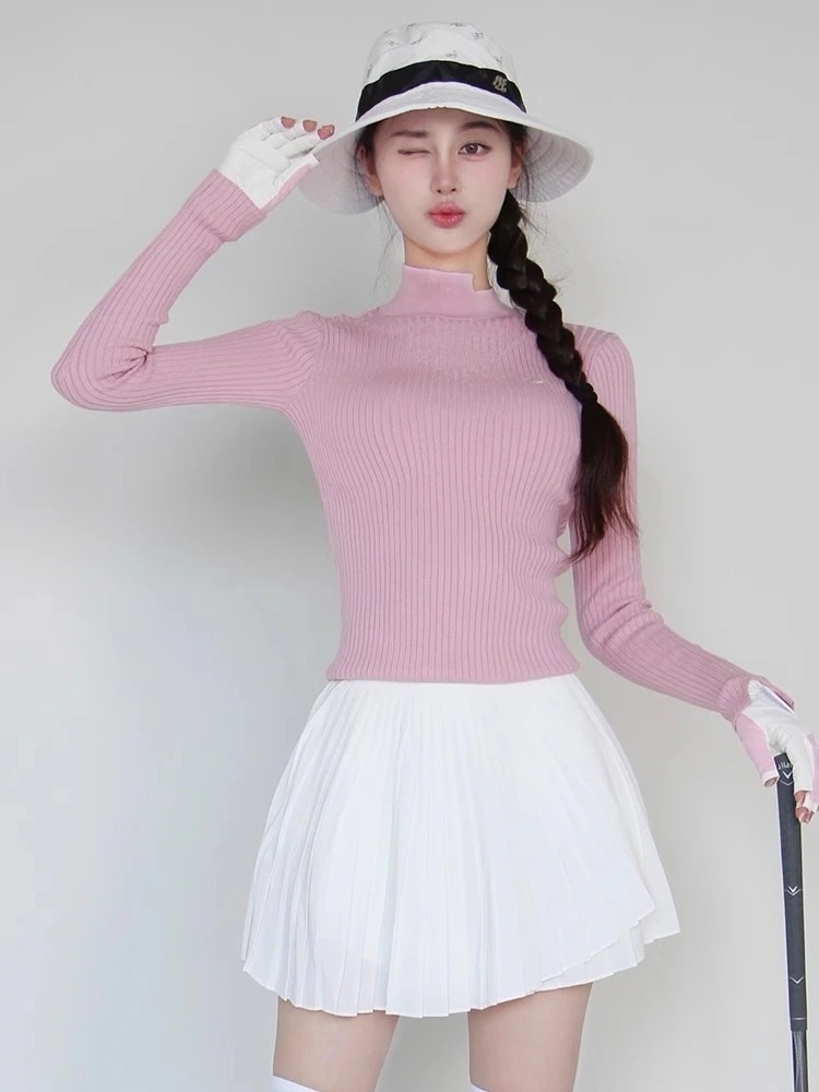 ゴルフウェア 秋冬 レディース スポーツウェア トップス ニット長袖 Tシャツ スカート ミニスカート プリーツスカ 上下セット ピンク 白 女性 テニスウェア 通気性 韓国風 おしゃれ3200002