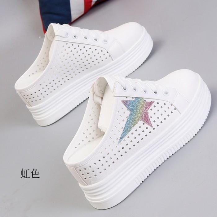 スニーカー サンダル レディース 厚底 通気性 透け感 星 メッシュ シースルー つっかけ フラット ヒール8cm かかとなし 靴 美脚 シルバー 虹色 22.025.0 スニーカー サンダル レディース 厚底 通気性 透け感 星 メッシュ シースルー つっかけ フラット ヒール8cm かかとなし 靴 美脚 シルバー 虹色 22.025.0
