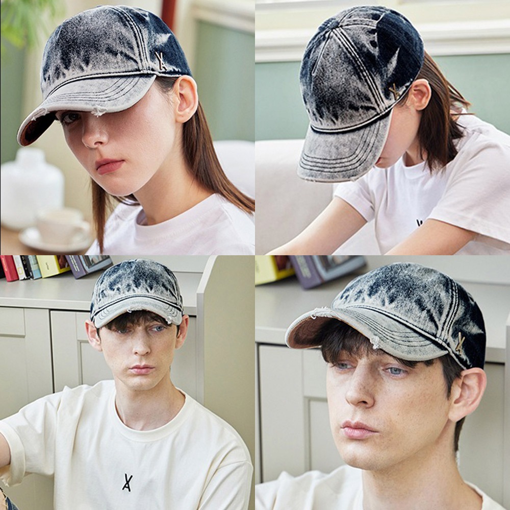 韓国 帽子 深め 小顔効果 顔が見えづらい 紫外線対策 レディース[VA Stud Bleach Washing Denim Ball Cap 1406 1407]