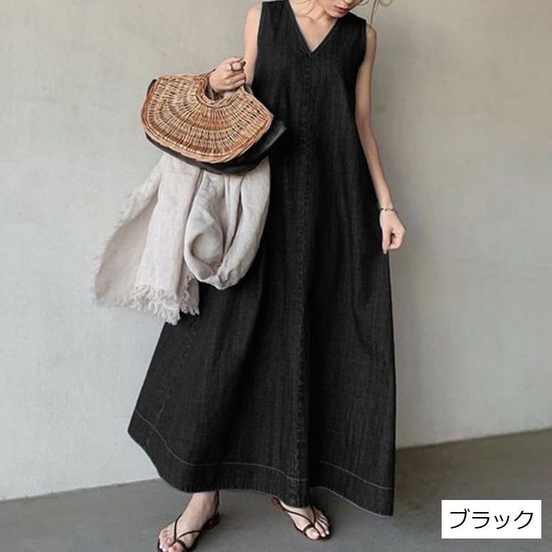ワンピース フレアワンピース ロング ロング丈 マキシ マキシ丈 袖なし Vネック フレア Aライン かわいい シンプル カジュアル 大人 おしゃれ お洒落 かっこいい レトロ エスニック