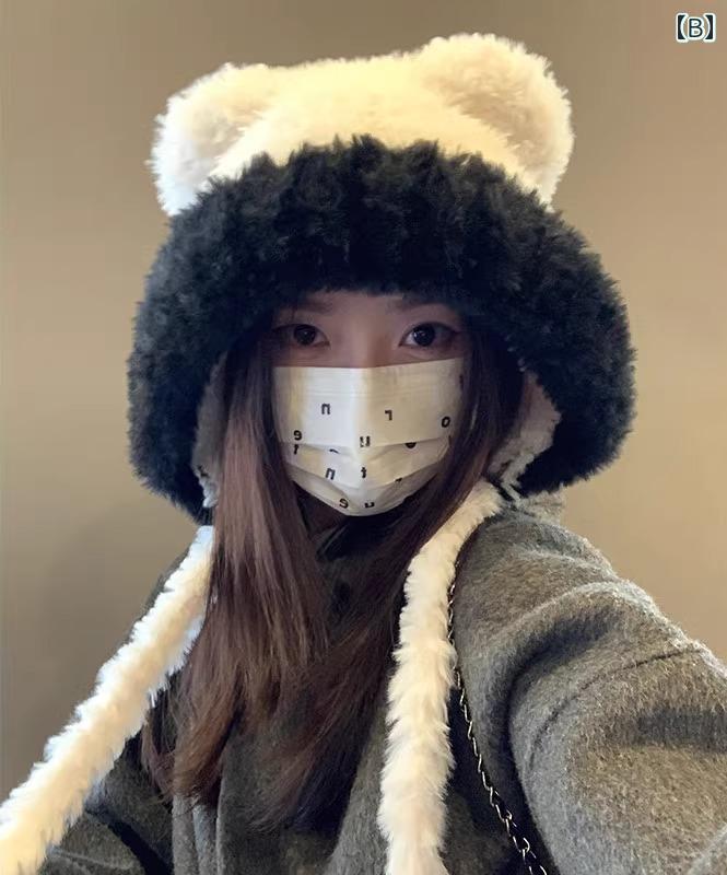 帽子 レディース 秋冬 韓国 ウール 防寒 暖かい 厚手 クマ耳 紐付き つば無し 雷鋒 個性的 カジュアル かわいい 黒 白 茶