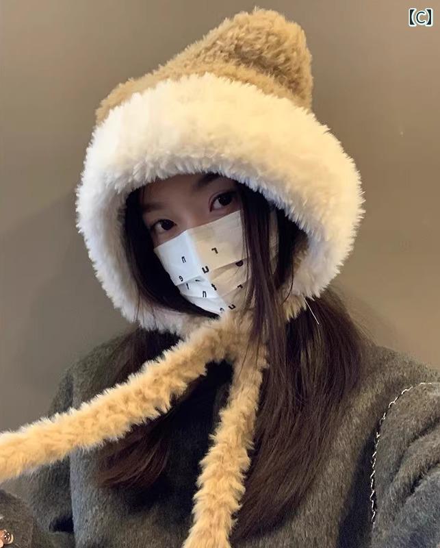 帽子 レディース 秋冬 韓国 ウール 防寒 暖かい 厚手 クマ耳 紐付き つば無し 雷鋒 個性的 カジュアル かわいい 黒 白 茶