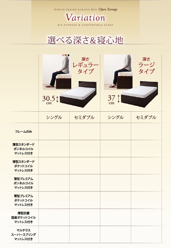 [組立設置付]シンプル 大容量収納庫付き すのこベッド [オープンストレージ] [薄型スタンダードボンネルコイルマットレス付き] セミダブル 深さラージ [フレーム色]ホワイト