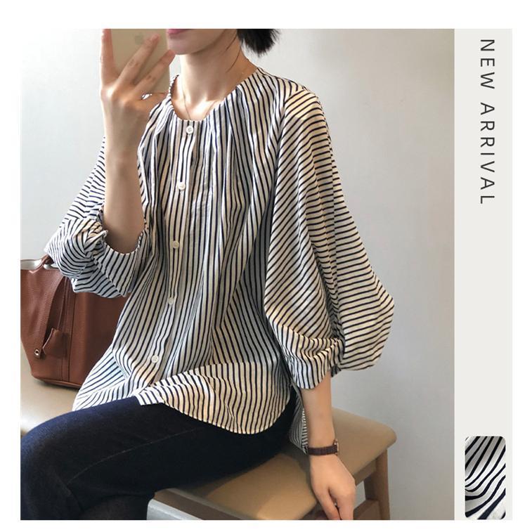 ブラウス レディース 長袖 きれいめ 40代 春 夏 オシャレ シャツブラウス ストライプ柄 シャツ 長袖 トップス パフスリーブ 大人 通勤 可愛い