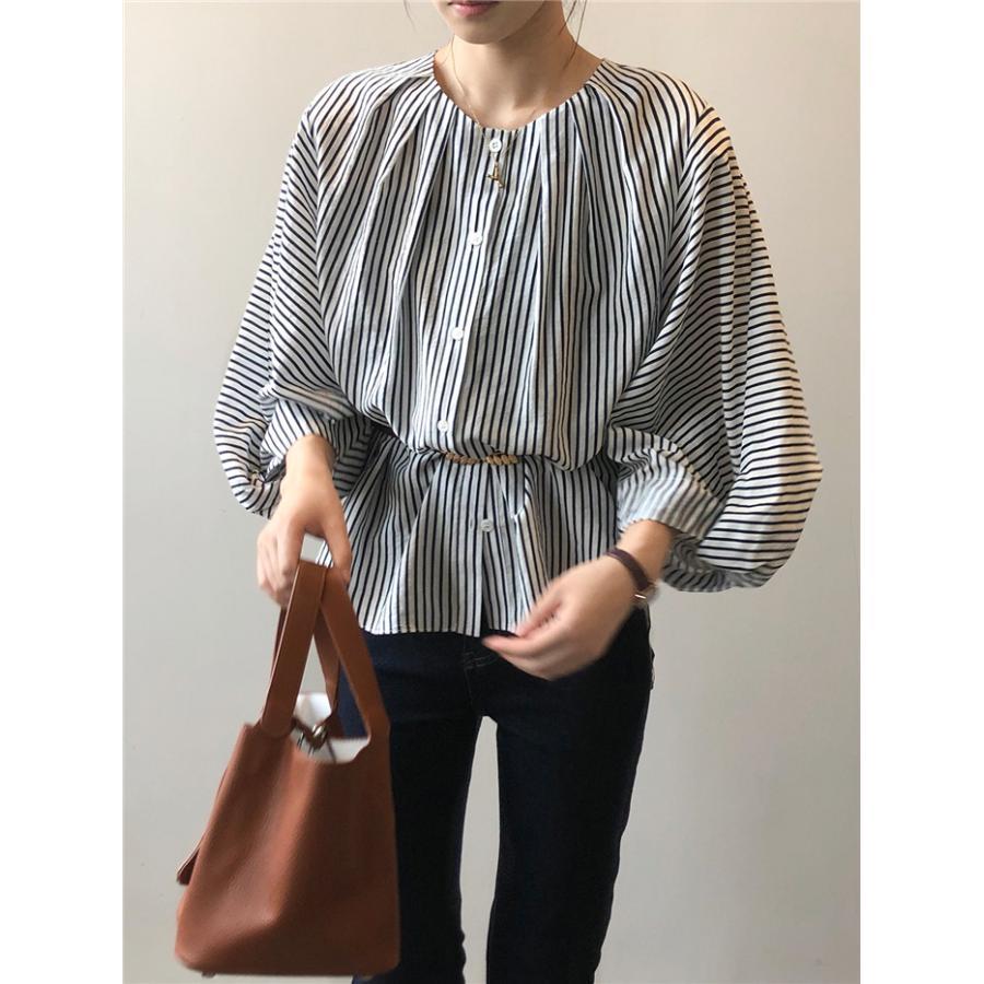 ブラウス レディース 長袖 きれいめ 40代 春 夏 オシャレ シャツブラウス ストライプ柄 シャツ 長袖 トップス パフスリーブ 大人 通勤 可愛い