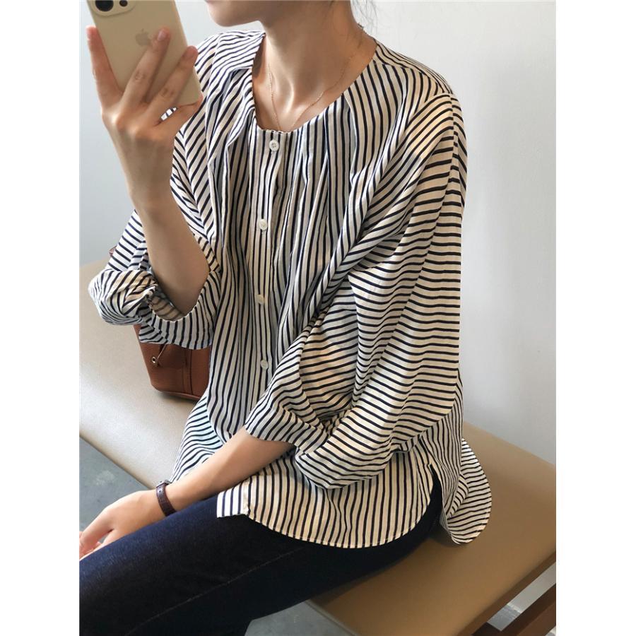 ブラウス レディース 長袖 きれいめ 40代 春 夏 オシャレ シャツブラウス ストライプ柄 シャツ 長袖 トップス パフスリーブ 大人 通勤 可愛い