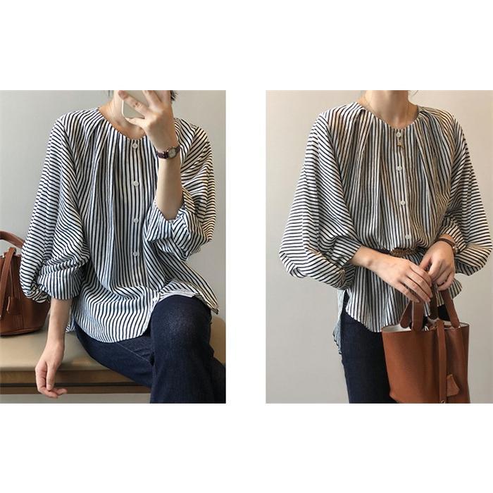 ブラウス レディース 長袖 きれいめ 40代 春 夏 オシャレ シャツブラウス ストライプ柄 シャツ 長袖 トップス パフスリーブ 大人 通勤 可愛い