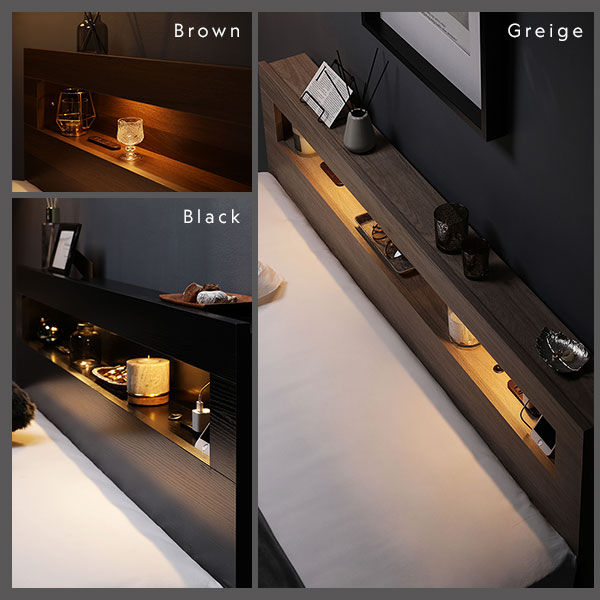 ベッド ワイドキング 200（S+S） 2層ポケットコイルマットレス付き シャビーナチュラル 照明付き 収納付き 棚付き 宮付き コンセント付き 連結