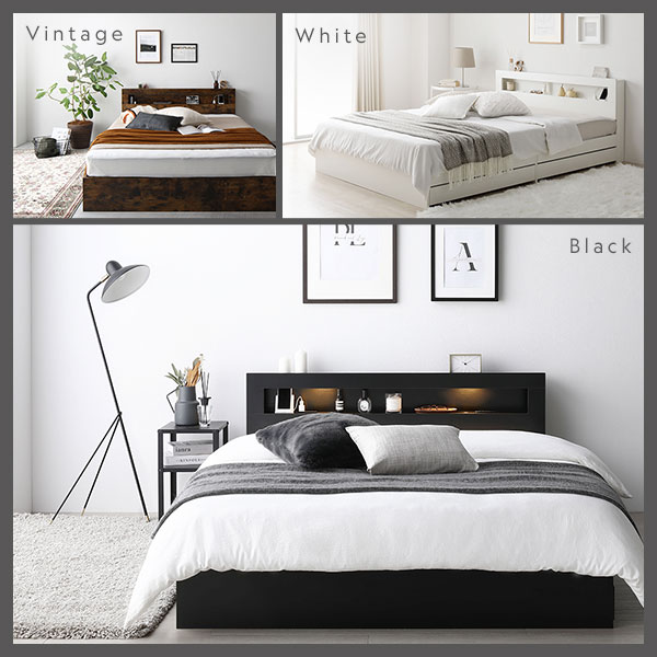 ベッド ワイドキング 200（S+S） 2層ポケットコイルマットレス付き シャビーナチュラル 照明付き 収納付き 棚付き 宮付き コンセント付き 連結