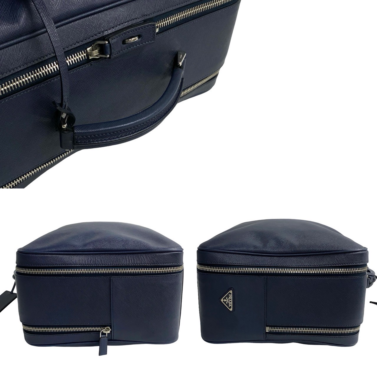 三角ロゴ 金具ボストンバッグ レザー ネイビー 08864 三角ロゴ 金具ボストンバッグ レザー ネイビー 08864