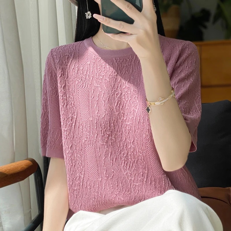 納期3週間程：女性用半袖Tシャツ,シルクニット,ラウンドネック,ルーズ,ジャカードトップス,3Dレリーフ,特別オファー,2024 mdprevattcaulkingandwaterproofing.com
