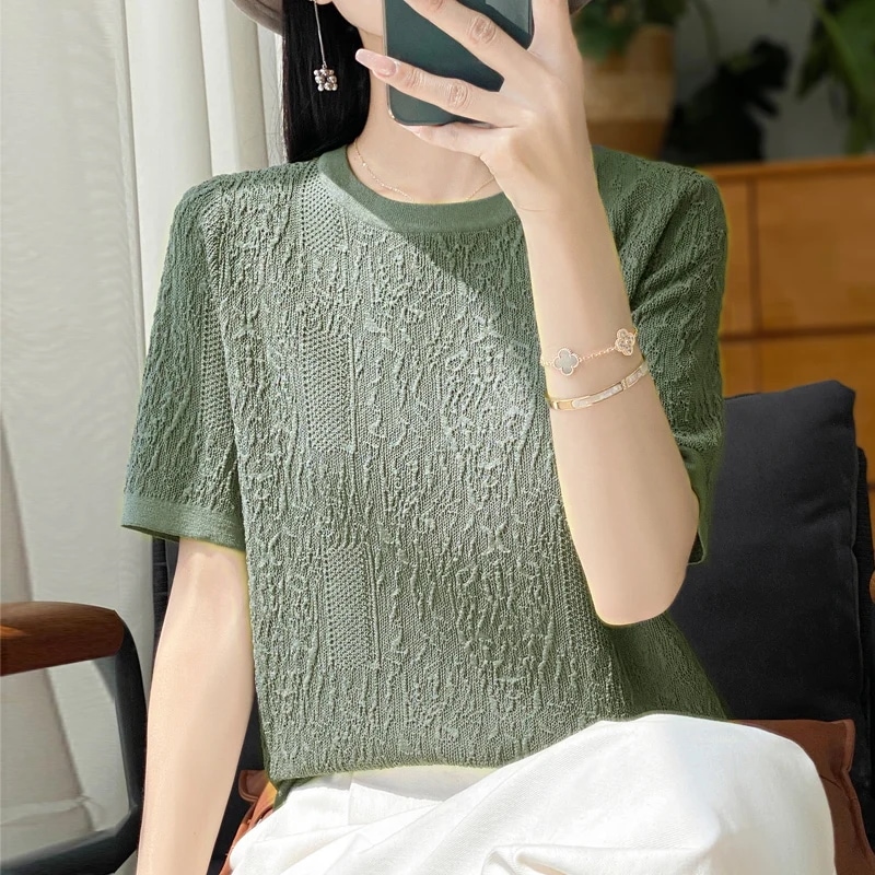 納期3週間程：女性用半袖Tシャツ,シルクニット,ラウンドネック,ルーズ,ジャカードトップス,3Dレリーフ,特別オファー,2024 mdprevattcaulkingandwaterproofing.com