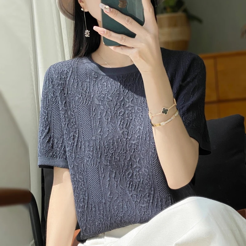 納期3週間程：女性用半袖Tシャツ,シルクニット,ラウンドネック,ルーズ,ジャカードトップス,3Dレリーフ,特別オファー,2024 mdprevattcaulkingandwaterproofing.com