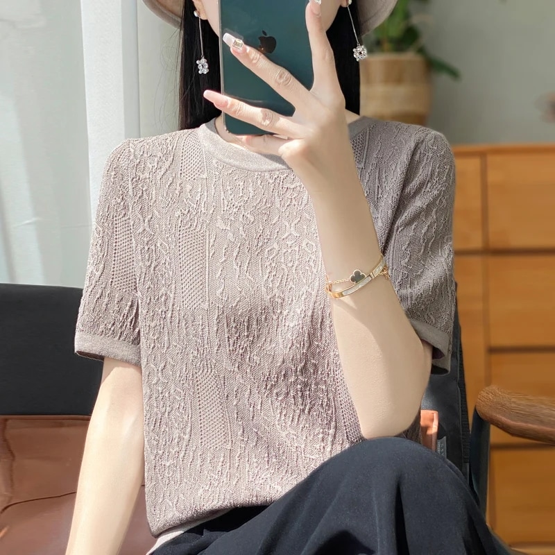 納期3週間程：女性用半袖Tシャツ,シルクニット,ラウンドネック,ルーズ,ジャカードトップス,3Dレリーフ,特別オファー,2024 mdprevattcaulkingandwaterproofing.com