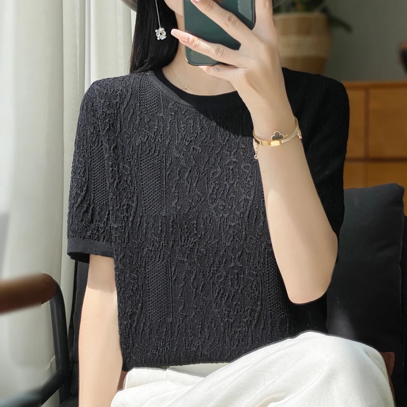 納期3週間程：女性用半袖Tシャツ,シルクニット,ラウンドネック,ルーズ,ジャカードトップス,3Dレリーフ,特別オファー,2024 mdprevattcaulkingandwaterproofing.com
