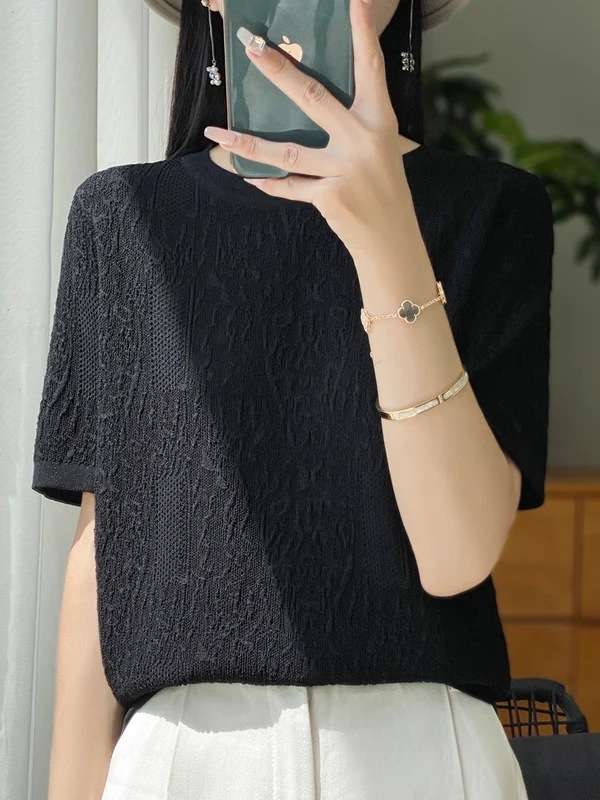 納期3週間程：女性用半袖Tシャツ,シルクニット,ラウンドネック,ルーズ,ジャカードトップス,3Dレリーフ,特別オファー,2024 mdprevattcaulkingandwaterproofing.com