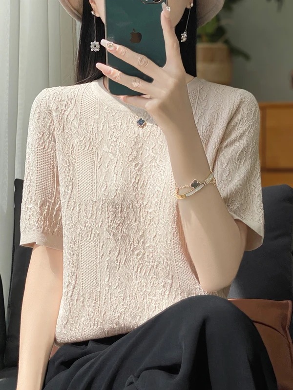 納期3週間程：女性用半袖Tシャツ,シルクニット,ラウンドネック,ルーズ,ジャカードトップス,3Dレリーフ,特別オファー,2024 mdprevattcaulkingandwaterproofing.com