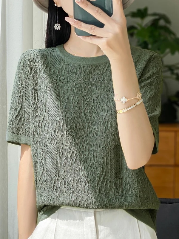 納期3週間程：女性用半袖Tシャツ,シルクニット,ラウンドネック,ルーズ,ジャカードトップス,3Dレリーフ,特別オファー,2024 mdprevattcaulkingandwaterproofing.com
