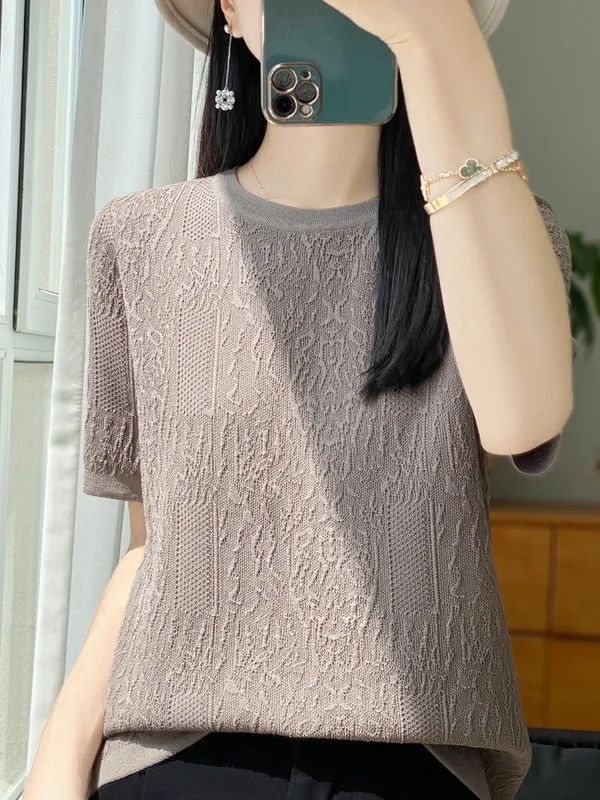 納期3週間程：女性用半袖Tシャツ,シルクニット,ラウンドネック,ルーズ,ジャカードトップス,3Dレリーフ,特別オファー,2024 mdprevattcaulkingandwaterproofing.com