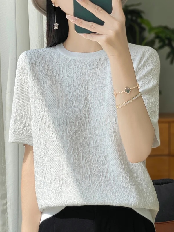 納期3週間程：女性用半袖Tシャツ,シルクニット,ラウンドネック,ルーズ,ジャカードトップス,3Dレリーフ,特別オファー,2024 mdprevattcaulkingandwaterproofing.com
