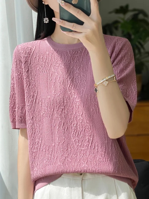 納期3週間程：女性用半袖Tシャツ,シルクニット,ラウンドネック,ルーズ,ジャカードトップス,3Dレリーフ,特別オファー,2024 mdprevattcaulkingandwaterproofing.com