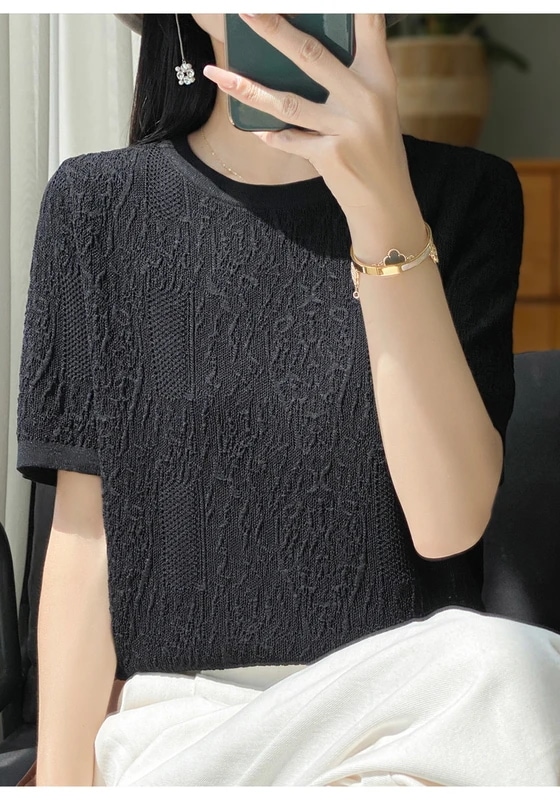 納期3週間程：女性用半袖Tシャツ,シルクニット,ラウンドネック,ルーズ,ジャカードトップス,3Dレリーフ,特別オファー,2024 mdprevattcaulkingandwaterproofing.com