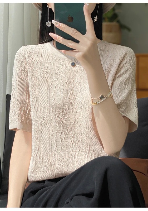 納期3週間程：女性用半袖Tシャツ,シルクニット,ラウンドネック,ルーズ,ジャカードトップス,3Dレリーフ,特別オファー,2024 mdprevattcaulkingandwaterproofing.com