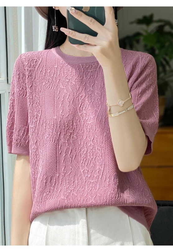納期3週間程：女性用半袖Tシャツ,シルクニット,ラウンドネック,ルーズ,ジャカードトップス,3Dレリーフ,特別オファー,2024 mdprevattcaulkingandwaterproofing.com