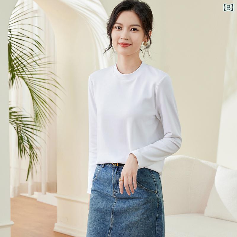 レディース トップス シンプル おしゃれ 春 スモール ハイネック 長袖 シルケット コットン ブラック Tシャツ コットン 下着 ラウンドネック