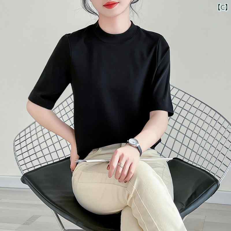 レディース トップス シンプル おしゃれ 春 スモール ハイネック 長袖 シルケット コットン ブラック Tシャツ コットン 下着 ラウンドネック