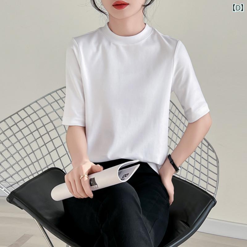 レディース トップス シンプル おしゃれ 春 スモール ハイネック 長袖 シルケット コットン ブラック Tシャツ コットン 下着 ラウンドネック