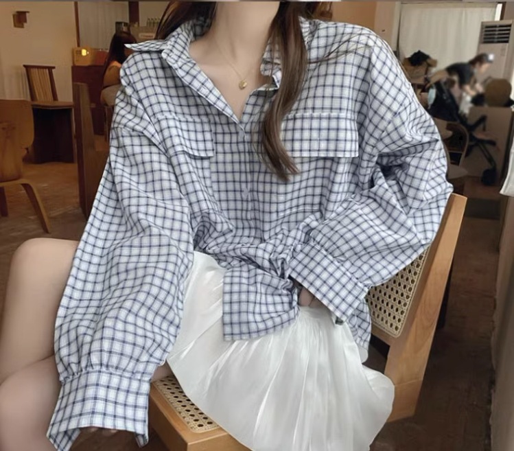 ルーズ長袖チェック柄シャツ オーバーサイズシャツ レディース トップス シャツ ブラウス ロング 長袖 ボリューム袖 Vネック 襟付き ワイド ストレート Iライン ルーズ長袖チェック柄シャツ オーバーサイズシャツ レディース