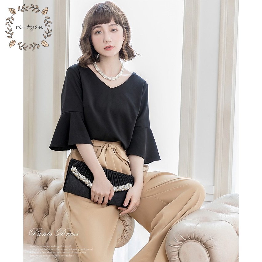 パンツドレス 結婚式 袖あり 大きいサイズ レディース ワイド パーティードレス 半袖 パンツスタイル セットアップ セットアップ 体型カバー 卒業式 卒園式