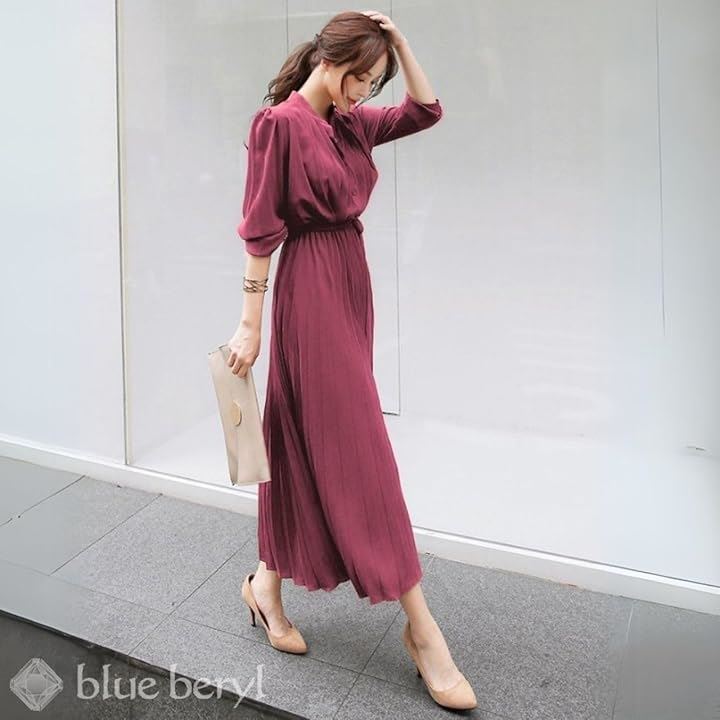 ブルーベリル シフォンワンピース ロング プリーツ レディース 長袖 ハイウエスト ウエストリボン フレア 春 秋 BB054(ワインレッド, XL) ブルーベリル シフォンワンピース ロング プリーツ レディース 長袖 ハイウエスト ウエストリボン フレア 春 秋 BB054(ワインレッド, XL)
