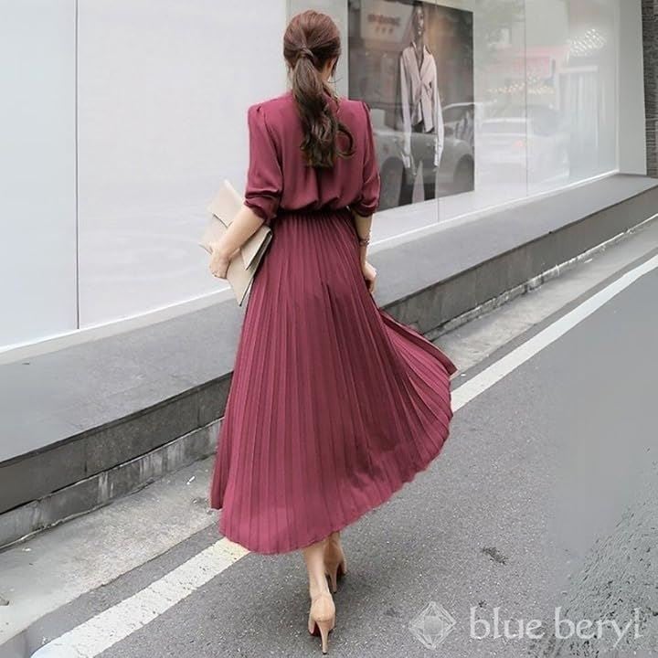 ブルーベリル シフォンワンピース ロング プリーツ レディース 長袖 ハイウエスト ウエストリボン フレア 春 秋 BB054(ワインレッド, XL) ブルーベリル シフォンワンピース ロング プリーツ レディース 長袖 ハイウエスト ウエストリボン フレア 春 秋 BB054(ワインレッド, XL)