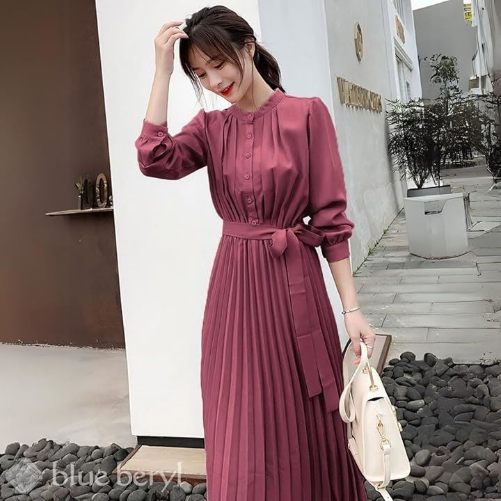 ブルーベリル シフォンワンピース ロング プリーツ レディース 長袖 ハイウエスト ウエストリボン フレア 春 秋 BB054(ワインレッド, XL) ブルーベリル シフォンワンピース ロング プリーツ レディース 長袖 ハイウエスト ウエストリボン フレア 春 秋 BB054(ワインレッド, XL)