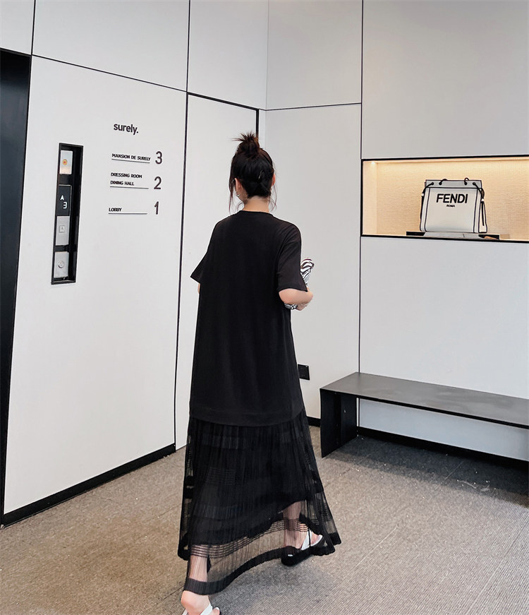 ワンピース ロング シースルー 五分丈 ラウンドネック ブラック プルオーバー フレアワンピース