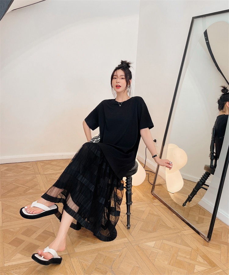 ワンピース ロング シースルー 五分丈 ラウンドネック ブラック プルオーバー フレアワンピース