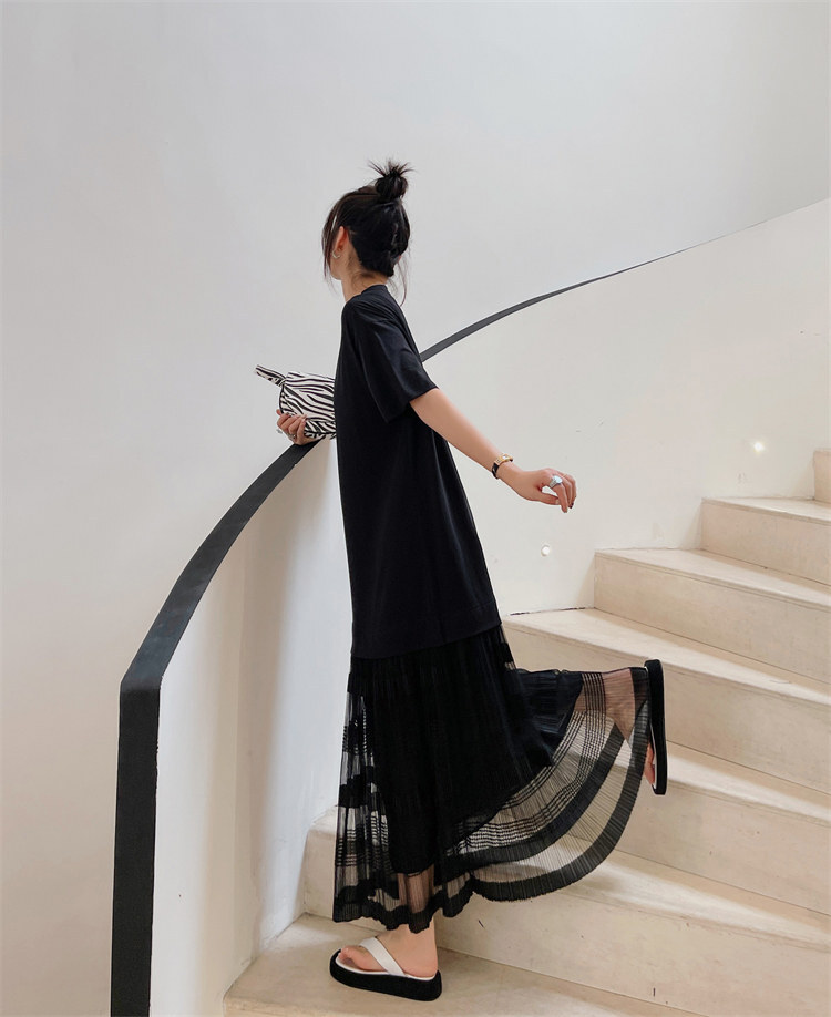 ワンピース ロング シースルー 五分丈 ラウンドネック ブラック プルオーバー フレアワンピース