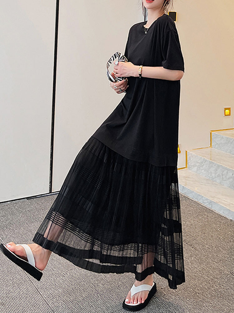 ワンピース ロング シースルー 五分丈 ラウンドネック ブラック プルオーバー フレアワンピース