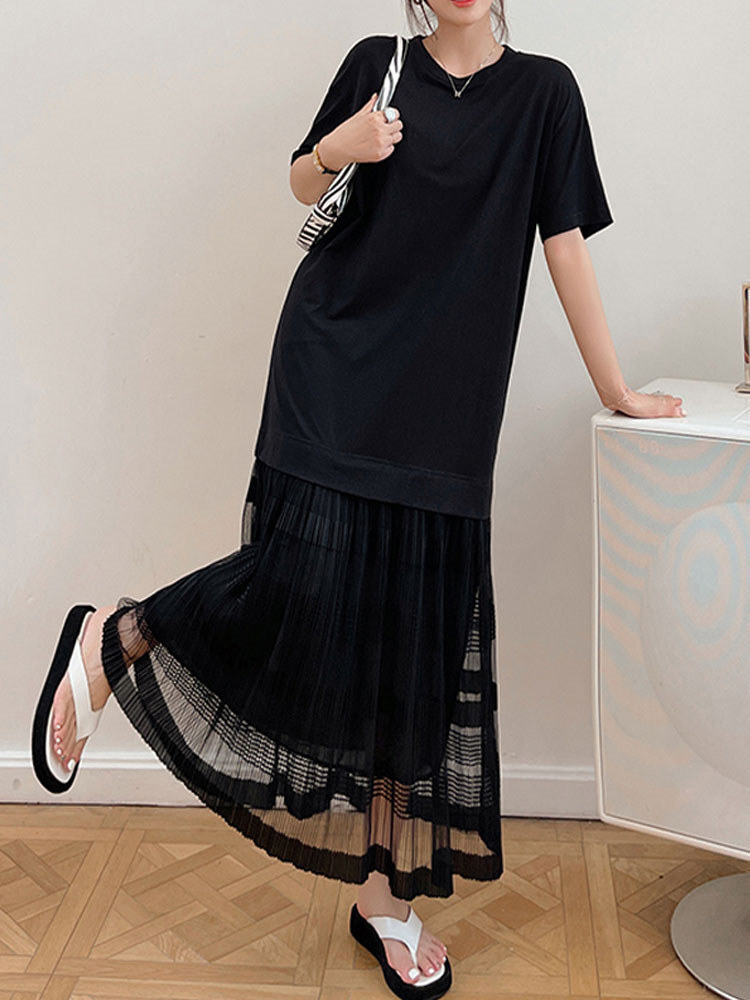 ワンピース ロング シースルー 五分丈 ラウンドネック ブラック プルオーバー フレアワンピース