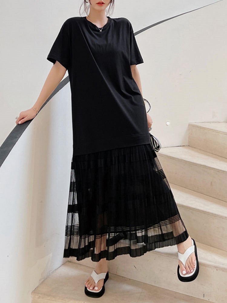 ワンピース ロング シースルー 五分丈 ラウンドネック ブラック プルオーバー フレアワンピース