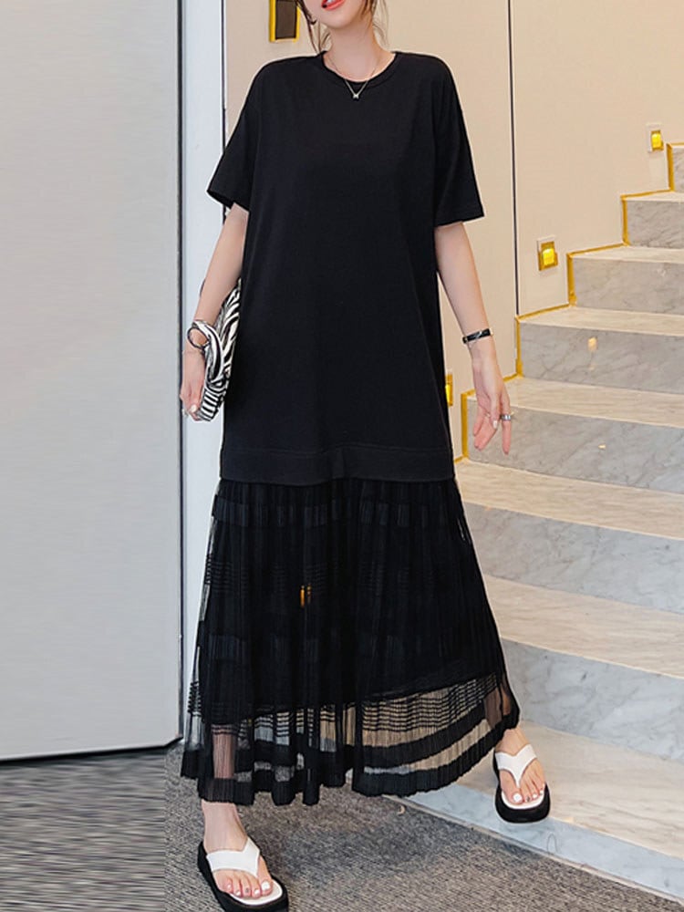 ワンピース ロング シースルー 五分丈 ラウンドネック ブラック プルオーバー フレアワンピース