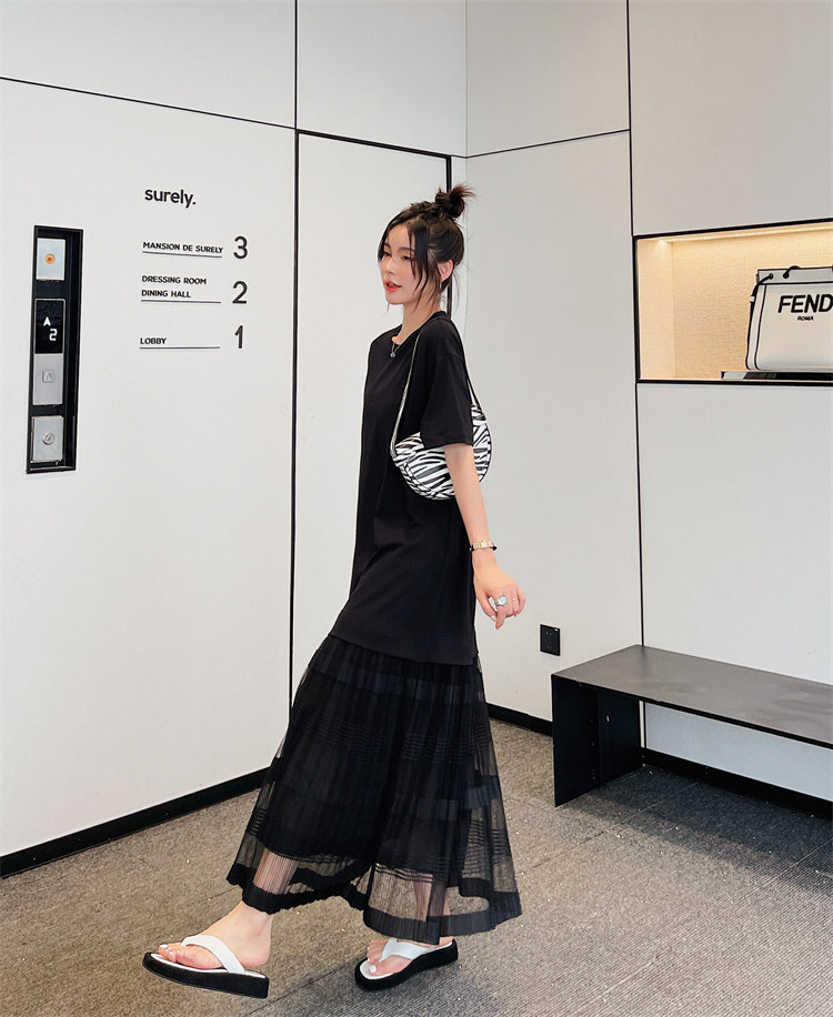 ワンピース ロング シースルー 五分丈 ラウンドネック ブラック プルオーバー フレアワンピース