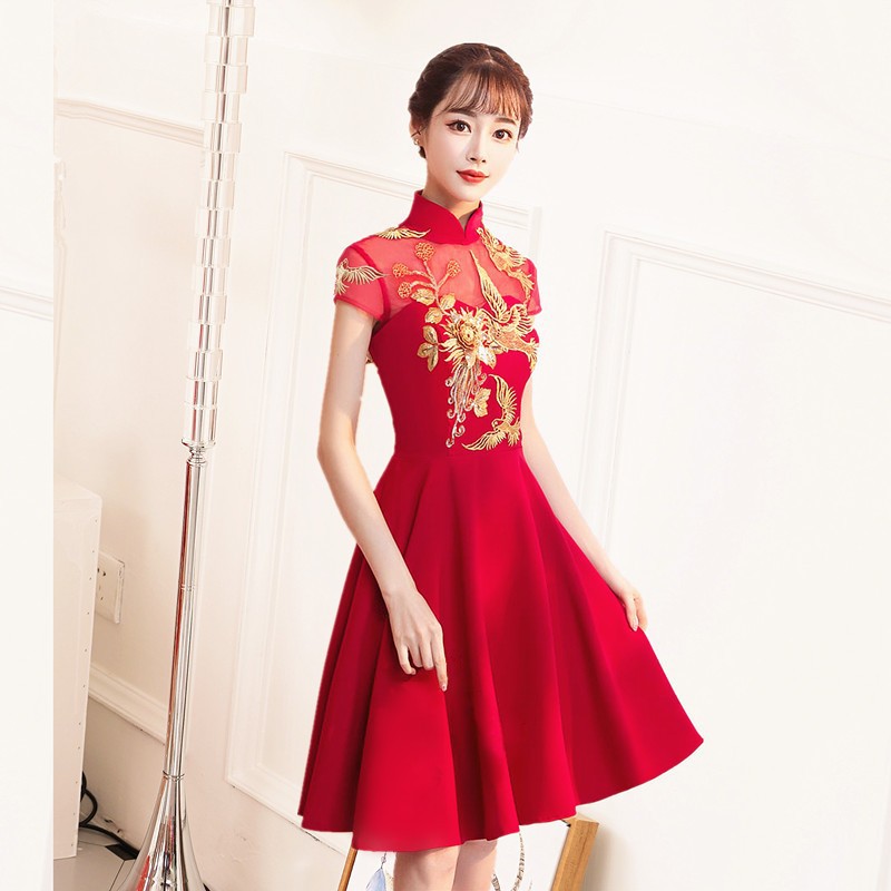 赤い服チョンサムスリットスリムテイルパーティードレス長いスタイル 赤い服チョンサムスリットスリムテイルパーティードレス長いスタイル