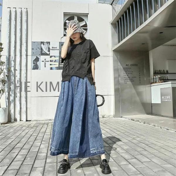 デニムワイドパンツ ガウチョデニムパンツ ゆったり デニムパンツ スカーチョ パンツ ワイドパンツ 大きいサイズ レディース パンツ 大人 楽ちん ボトムス ウエ