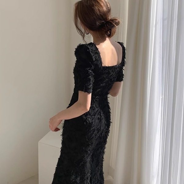 ３カラー リトルドレス 軽やかで大人っぽいヘボン風ドレス ウエスタン風 スリムスカート フレンチ膝丈ロングスカート サマードレス フォレストスタイル ロングスカート スクエアネックドレス レディース